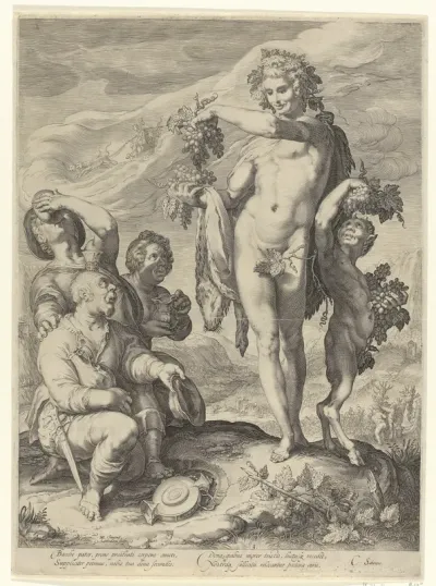 Drinkende mannen betuigen eer aan Bacchus