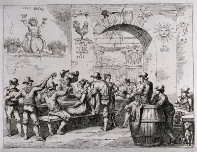 Drinkers and mandolin players in a Roman inn, with landscape seen through an open archway