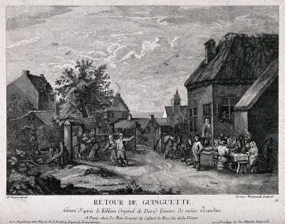 Drinkers revelling outside a country tavern as a young man is led away by his mother and a drunkard is removed