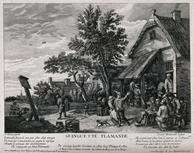 Drinkers revelling outside a country tavern as a young man is led away by his mother (?)