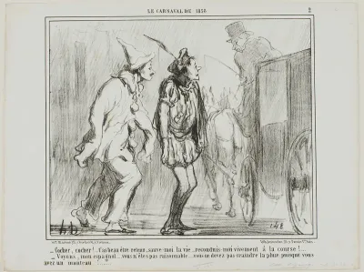 “- Driver, driver, you cannot reject me, you have to save my life... bring me back to the races alive! - But come on, Spaniard… be reasonable… you don't have to fear the rain, since you are wearing a coat!…,” plate 2 from Le Carnaval De 1858