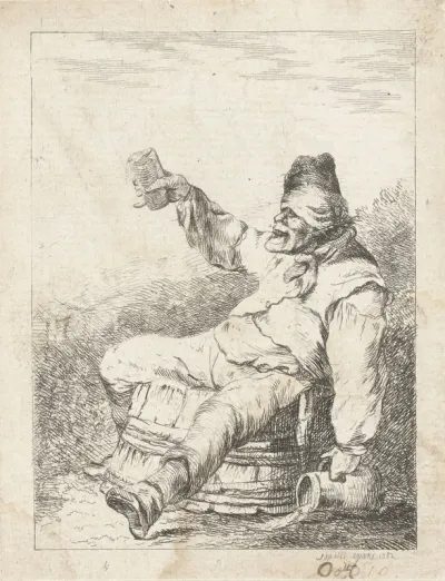 Dronken man zittend op een vat