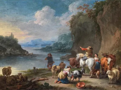 Drovers and their herd resting beside a river