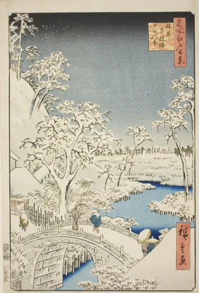 Drum Bridge and Yuhi Hill at Meguro (Meguro Taikobashi Yuhi-no-oka), from the series "One Hundred Famous Views of Edo (Meisho Edo hyakkei)"