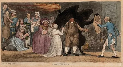 Drunken and diseased people attending the wedding of William Huntington and the rich widow Sanderson; behind Huntington is a devil handing breeches to a hack journalist