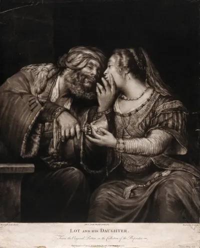 Drunkenly gazing at the chin of his daughter, Lot moves amorously towards her