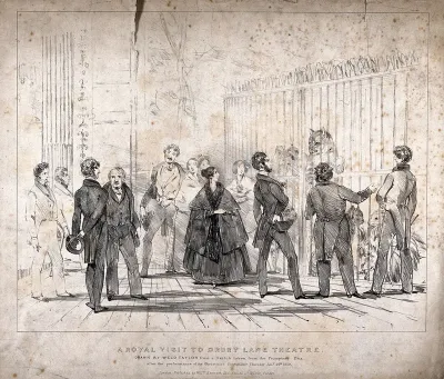 Drury Lane Theatre, London: royal visitors looking at animals in enclosures