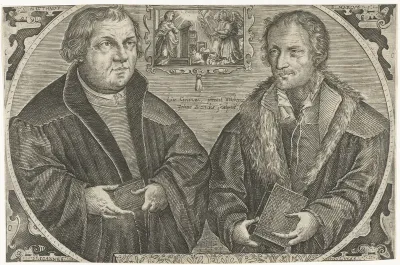 Dubbelportret van Martin Luther en Philipp Melanchthon met annunciatie
