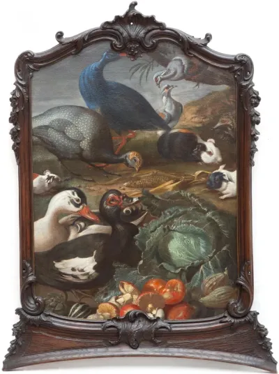 Ducks, guineafowl, pigeons, guinea pigs and a hedgehog with vegetables
