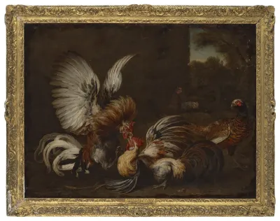 Duel de coqs dans une basse-cour, avec un faisan et deux poules
