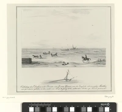 Duikers bergen de lading van de bij Texel gestrande schoener Martha, 1848