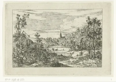 Duinlandschap en gezicht op huizen en kerk van Scheveningen