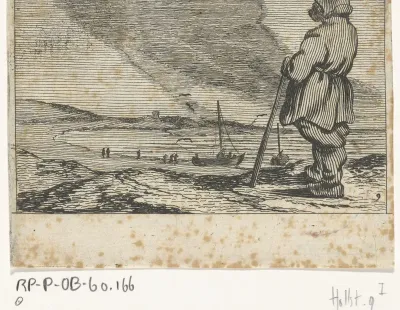 Duinlandschap met een man die uitkijkt over zee