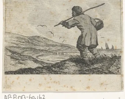 Duinlandschap met een man, met mand aan de arm