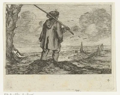 Duinlandschap met een man, met staf op de schouder