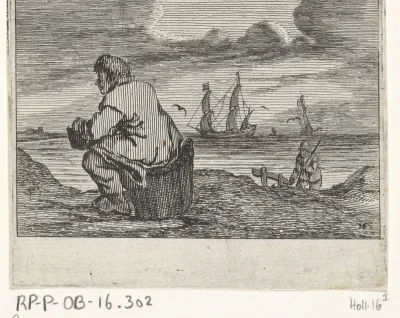 Duinlandschap met een man, zittend op een mand