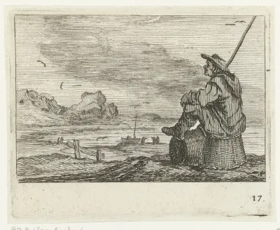 Duinlandschap met een man, zittend op twee manden