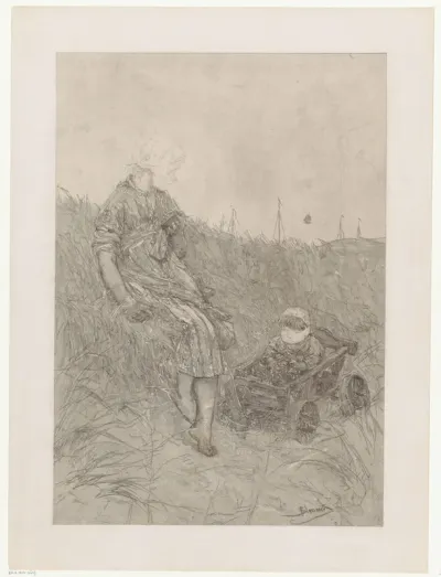 Duinlandschap met een meisje en een jong kind