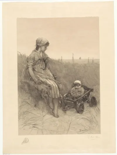 Duinlandschap met een meisje en een jong kind