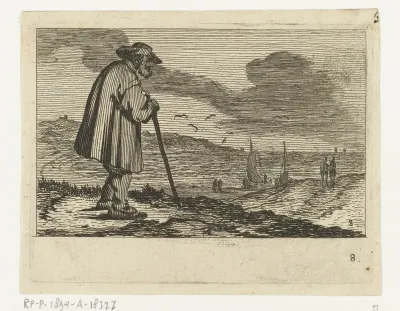 Duinlandschap met een oude man, leunend op een wandelstok