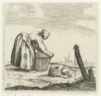 Duinlandschap met een vrouw, gebogen over een mand