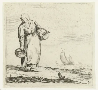 Duinlandschap met een vrouw, twee manden aan de arm