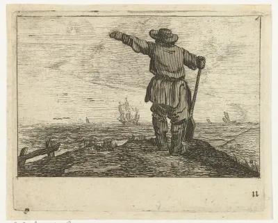 Duinlandschap met een zwaaiende man, leunend op een schop