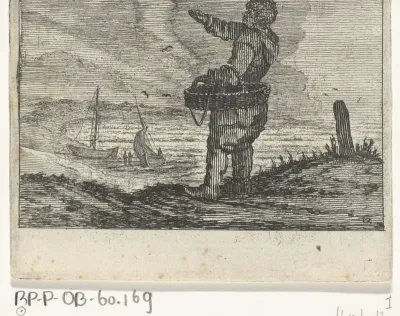Duinlandschap met een zwaaiende man, mand aan de arm