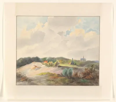 Duinlandschap met huizen en een kerk