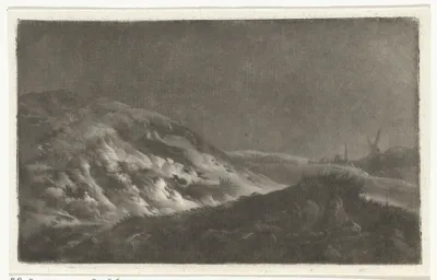Duinlandschap met in de achtergrond een kerktoren en een molen