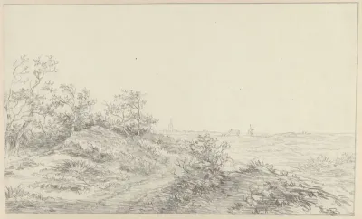 Duinlandschap met molen en torenspits in de verte