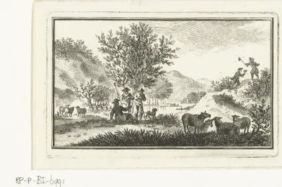 Duinlandschap met rustende herders en mannen die vlinders vangen