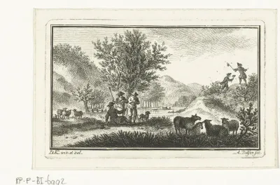 Duinlandschap met rustende herders en mannen die vlinders vangen