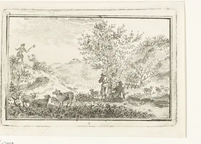 Duinlandschap met rustende herders en mannen die vlinders vangen