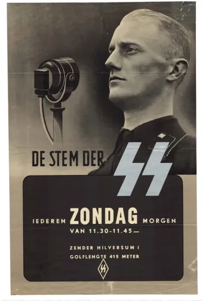 Duitse propaganda voor de radio-uitzending van de  SS 'Stem der SS', iedere zondagmorgen van 11.30-11.45 op Hilversum 1, golflengte 415 m.
