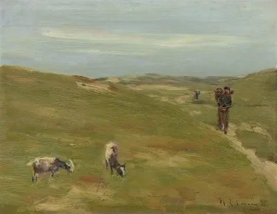 Dünen mit Bauer und grasenden Ziegen