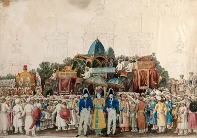 Durbar of the Badshah of Oudh: three Europeans standing in front of a large crowd of people waiting to greet the king of Oudh