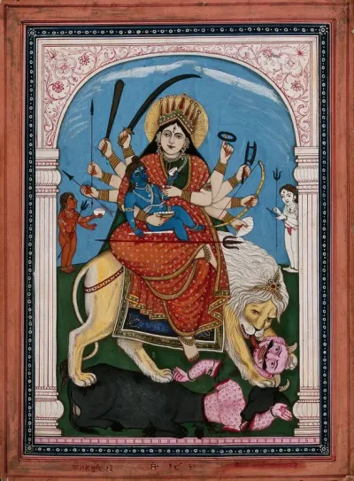 Durga mounted on a lion killing the buffalo demon Mahishasura