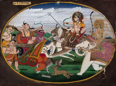 Durga on a tiger and another goddess on a white elephant, in battle with the demons