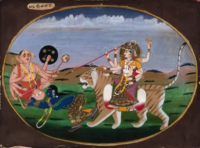 Durga seated on a tiger, points an arrow towards an blue-skinned female kneeling before a demon