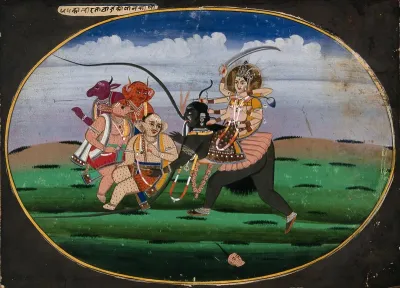 Durga seated on the goddess Kali, both fighting demons