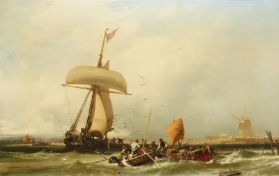 Dutch Coastal View with Sailing Ship and Boats
