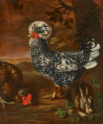 Dutch crested partridge pair and a hare in a landscape