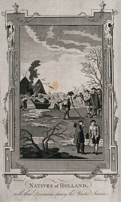 Dutch men, women and children are amusing themselves by playing kolf on ice and other recreations