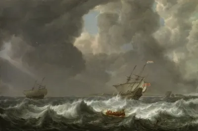 Dutch Merchantmen in Rough Seas off a Rocky Coast