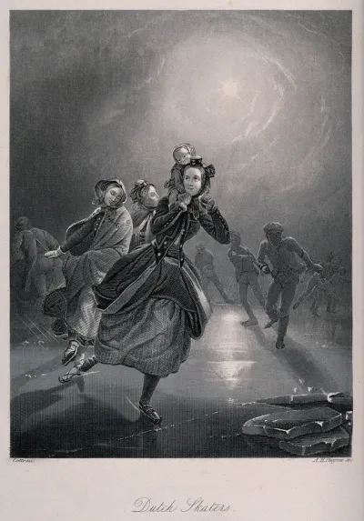 Dutch people skating on a frozen lake, one woman carries a child on her shoulders