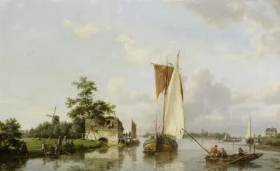 Dutch river scene with a sailing barge, fishermen and figures gathered on the bank