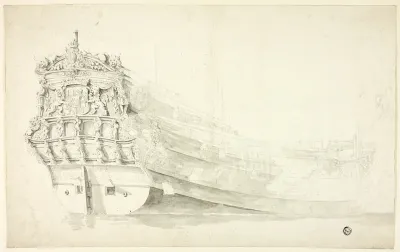 Dutch Ship with Ornamental Prow Seen from Starboard Quarter