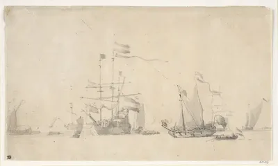 Dutch Ships at Anchor with a Yacht Lying Head to the Wind
