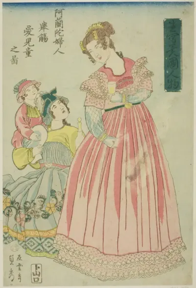 Dutch Woman Making a Toast to Her Children (Oranda fujin kyosho aijido no zu), from the series "Foreigners Drawn from Life (Ikiutsushi ikoku jinbutsu)"